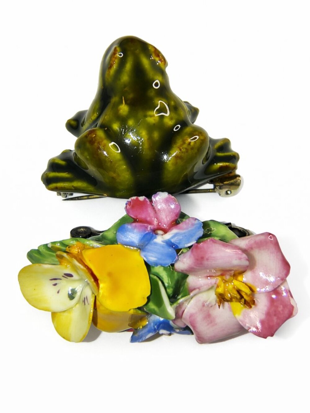 Vintage Coalport Bone China Floral Brooch & Frog Pin Lot Hand Painted England